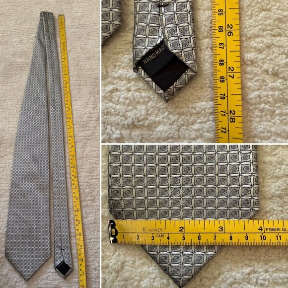 Herve Benard Mens Silk Handmade Geometric Pattern Necktie Silk 4 inch Wide Silve - Picture 5 of 6